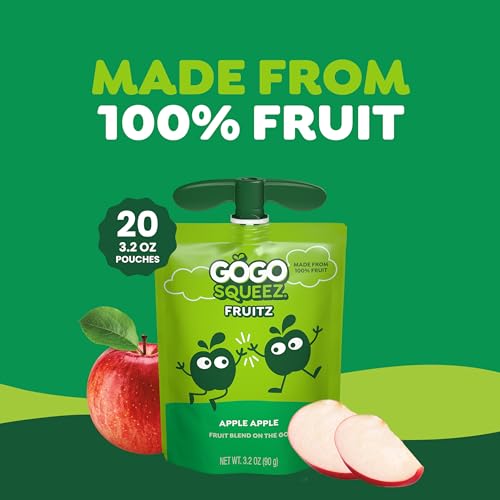 GoGo squeeZ Fruit on the Go, Apple Apple, 3.2 oz (Pack of 20), Unsweetened Fruit Snacks for Kids, Gluten Free, Nut Free, and Recloseable Cap, BPA Free Pouches (Packaging May Vary)