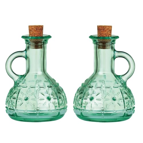 Bormioli Rocco Country Home Olivia Oil Bottles, Set of 2-7 oz Blue-Green Glass Dispensers for Olive Oil & Vinegar, Decorative Tabletop Containers for Kitchen & Dining - Italian Glassware
