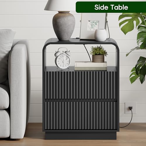 Image of Wodeer Black Nightstand with Charging Station, Mid Century Modern Bedside Table & End Table, Fluted Wood Small Night Stand with 2 Hidden Drawers and Storage Shelf for Bedroom