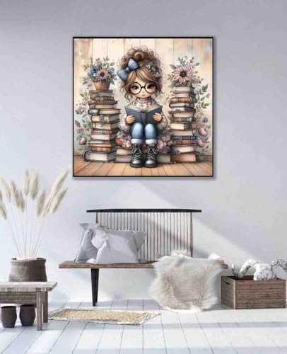 Image of Girl Cross Stitch Kits for Adults Beginner,Book Flower Counted Cross Stitch Kits Printed Stitching Cute Patterns Dimensions Needlepoint Art Crafts Embroidery Kits for Adults Beginners (13.7x13.7 inch)