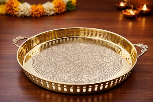 Image of Mkd2 Rise Handmade Embossed Pure Brass Puja Thali with Handle, 12 Inch Round Pooja Plate (Gold, 1 Piece) for Home Temple, Mandir, Office, Festival, Wedding, Diwali Gift