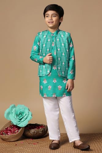 Image of Fashion Dream Boy's Cotton Blend Printed Kurta Pyjama And Jacket Set|Kurta And Payjama Set