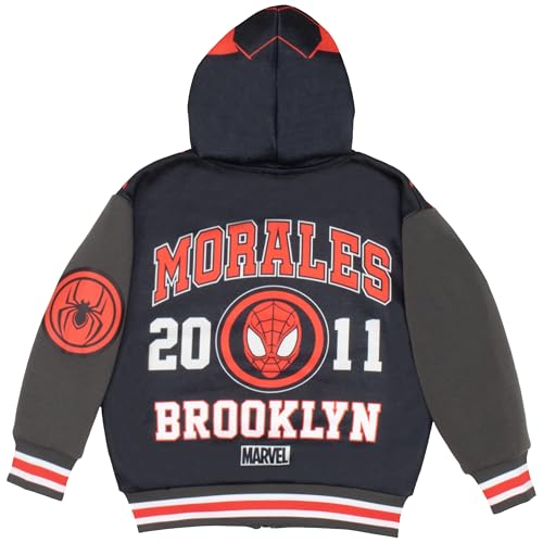 Image of Marvel Comics Spider-Man Miles Morales Boys Sweatshirt - Button-Up Long Sleeve Graphic Print Hooded Varsity Jacket for Kids