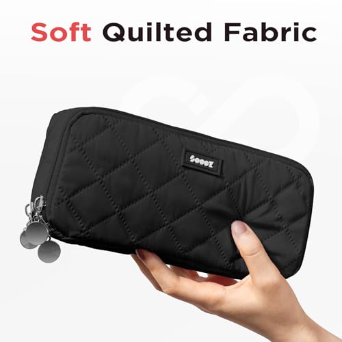 Image of Sooez Large Pencil Case Pouch, Extra Big Pencil Bag with 8 Compartments, Pen Bag Wide Opening, Soft Quilted Pencil Pouch Organizer with Zipper, Portable Pencil Case for Teen Girls, Black