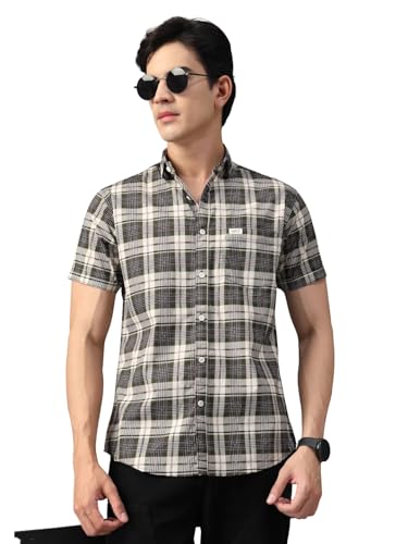 Image of Majestic Man Men's Slim Fit Premium Pure Cotton Plaid Check Half Sleeve Casual Shirt