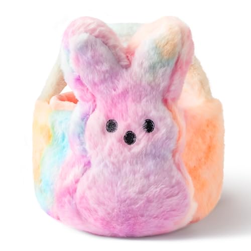 Image of Easter Fluffy Bunny Basket - Soft Plush Basket Hunting Egg Candy Reusable Tote Bags for Easter Spring Party Decorations Supplies Baby Shower - 11.8 x 9.8 inch (Colorful)
