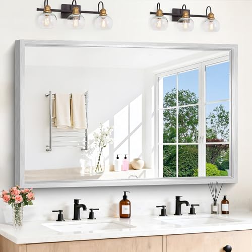 Image of 60 inchx40 inch Brushed Silver Bathroom Mirror, Large Rectangular Mirror for Wall, 0.6 inch Thickened Deep Frame Mirrors for Bathroom Sink, Shatterproof Tempered Glass, Antirust, Horizontally or Vertically