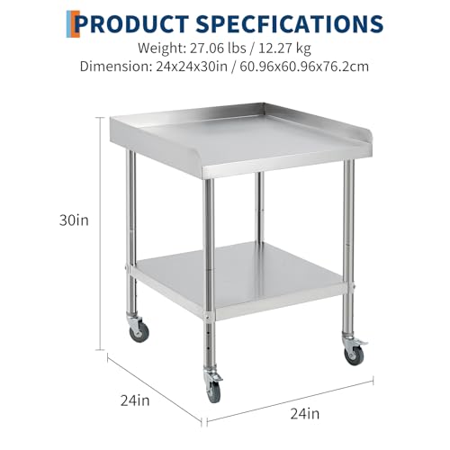 Image of GarveeTech 24x24x30 in Stainless Steel Equipment Grill Stand Table NSF Certified with 5 in Wheels, 400 LBS Capacity, 2 in Edge Baffle, for Hotel, Home, Commercial Restaurant Kitchen