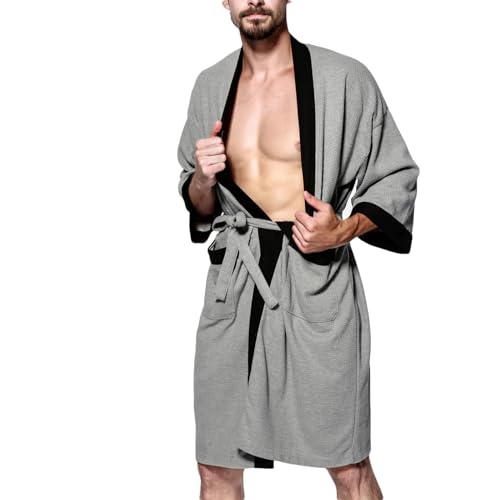 daily deals of the day prime today only Cotton Waffle Robes for Men 2024 Winter Fashion Wrap Style Mid-Length Kimono Spa Bathrobe Warm Soft Loungewear robes for men with hood with zipper Dark Gray XL