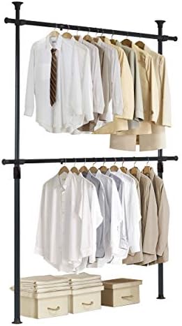 PRINCE HANGER, One Touch Double Adjustable Clothes Rack, Clothing Rack, Garment Rack, Freestanding, Organizer, Heavy Duty, Tension Rod, Made in Korea (Black)