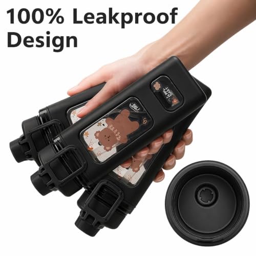 Image of LHOTSE Cute Square Water Bottle for School with Straw & Leakproof Lid - Large Capacity Kawaii Bottle for Kids, Girls & Office Usen 700 ML (Black)