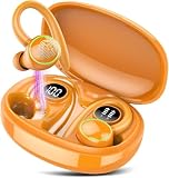 PEFUPEW Wireless Earbuds, Bluetooth Ear Buds Sport, Stereo Deep Bass Over Ear Buds with Earhooks, in Ear Earphones with 4 ENC Noise Cancelling Mic, 48H LED Display Headphone for Running, IP7, Orange