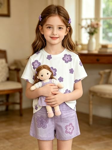 Image of Ayzozuy Kid Girl Clothes Shorts Set 2 Piece Outfits Summer Casual Short Sleeve Top and Shorts Set for Girls 4-7