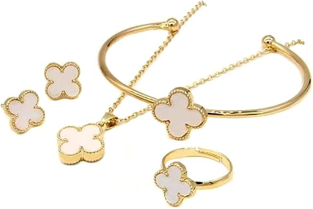 FDEETY Four Leaf Clover Jewelry Set, Titanium Steel Necklace Stud Earrings Bracelet Set Dainty Enamel Jewelry Set for Women Teen Girls