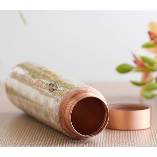 Image of INDIAN ART VILLA Copper Gold Print Copper Bottle, Copper Drinkware, 800 ML, Gold Printed White