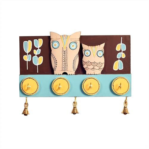 Image of Aakriti Art Creations Key Holder, Julu Key Hanger with Mask Motifs and Beautiful Artwork | Rustic Wooden Wall Organizer with 4 Hooks | Storage Shelf For Keys, Hats| Multifunctional Entryway Decor Item