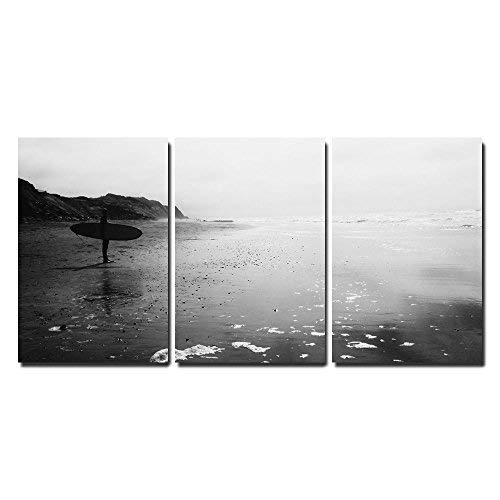 wall26 - 3 Piece Canvas Wall Art - a Man with Surf Board Standing at Beach in Black and White - Modern Home Art Stretched and Framed Ready to Hang - 24x36x3 Panels
