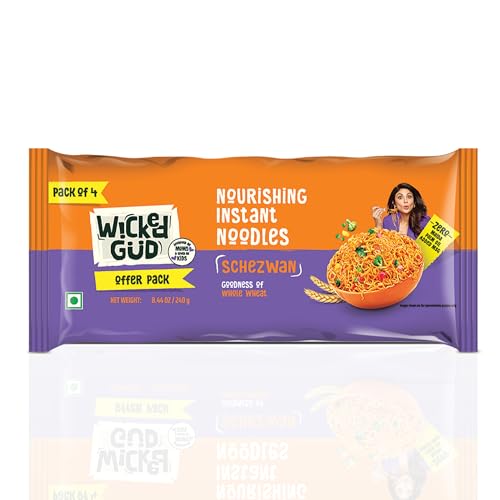 Wickedgud Whole Wheat Schezwan Noodles 240g (Pack of 4) | No Maida | No Palm Oil | Source of Protein