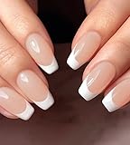 Artquee French Tip Press On Nails Short Clear Nude Coffin False Nail White Edge Designs Glossy Reusable Stick on Nails Manicure for Women Fake Nails Art in 12 Sizes - 24pcs Nail Kit