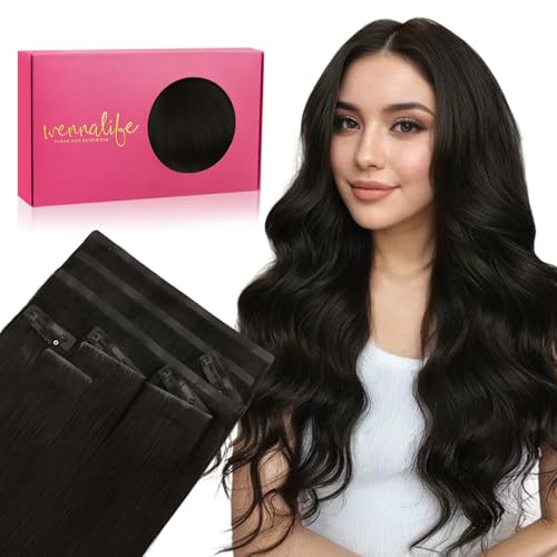 Image of WENNALIFE Invisi Edge & Classic Seamless Clip in Hair Extensions Real Human Hair, 14 Inch 130 9pcs Natural Black Hair Extensions for Women Invisible Straight Injection Extensiones de Cabello Humano