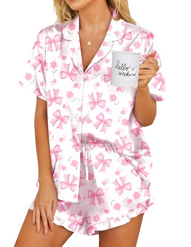 Image of Ekouaer Womens Satin Pajamas Set Button Down 2 Piece Silk Pjs Shorts Set Ruffle Lingerie Notch Collar Sleepwear