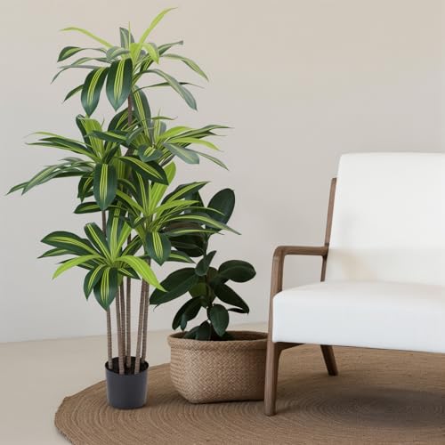 kiskick Palmera artificial artificial de 4.9 pies, decoración de interiores falsa maceta tropical falsa, planta de madera brasileña en maceta, planta de suelo tropical sintética, planta verde para
