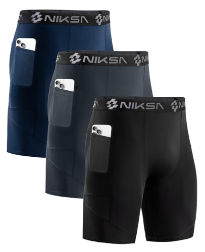 Image of Niksa 1 /2 Pack Mens Compression Shorts with Pocket, Performance Spandex Athletic Sports Workout Running Underwear Shorts