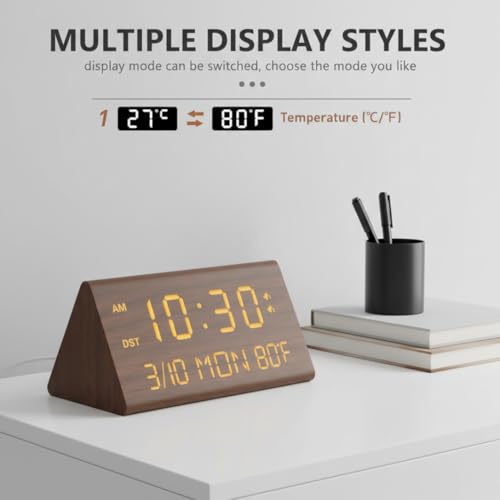 Reloj despertador digital de madera con brillo ajustable para dormitorio 4