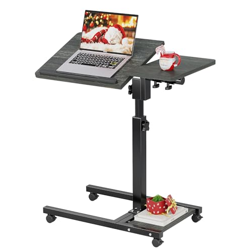 Furist Overbed Table with Wheels Adjustable Height, Mobile Standing Stand Up Rolling Laptop PC Desks with Tilting Top Height Tray Side Computer Workstation for Bedroom on Hospital Home Use, Black