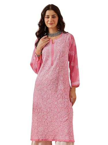 Image of Ada Lucknow Chikankari Hand Embroidered Faux Georgette Kurta Kurti Tunic Dress for Women A95504