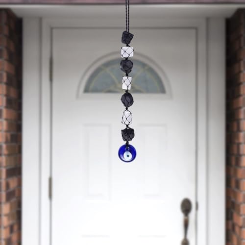 Image of Selenite and Black Tourmaline Evil Eye Hanging for Car Dashboard Decoration | Nazar battu for Home Entrance | Aesthetic Home Decor for Positive Energy & Protection