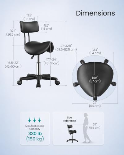 Image of SONGMICS Ergonomic Saddle Stool with Backrest and Wheels | Height Adjustable Salon Stool, 360 Swivel Beauty Chair, PU Leather, Ink Black, ACTIVO Collection UOSC015B101