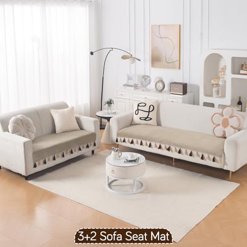 Image of HOKIPO Premium Holland Velvet Sofa Cover Mat with Tassel 5 Seater(3+2) | 'TasselTone Series' | Sand Beige (IN-1108+1106-BGE)