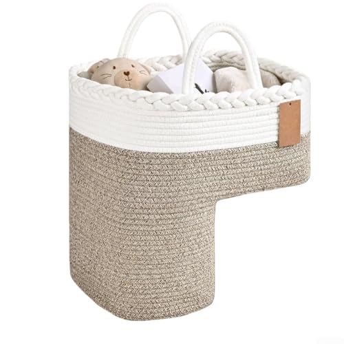 SMZhomeone Linen Woven Stair Basket for Carpeted Stairs with Handles, Woven Linen Organizer for Toys, Books and Phones, Stylish Home Decor Solution(A)