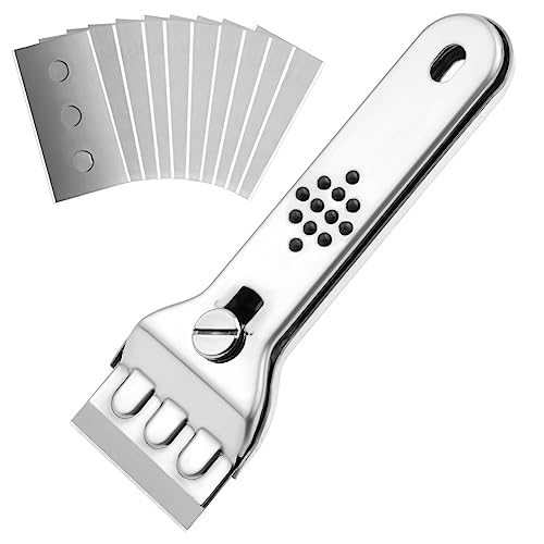 Flintronic Rascador, Rasqueta Acero inoxidable para Multiusos, Incluye 10 Cuchillas de Repuesto para Rascar Etiquetas, Adhesivos, Calcomanías, Sellos o Pintura en Vidrio.
