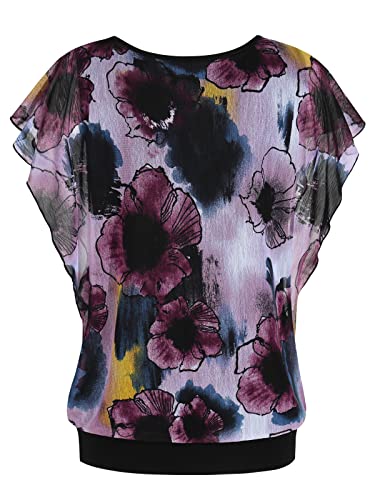 BAISHENGGT Women's Printed Flouncing Flared Short Sleeve Mesh Blouse Top XX-Large Festival Fuchsia - Thumbnail 2