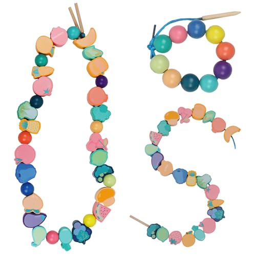 TRUEIN 33 Jouets de Filetage en Bois, Perles de Laçage éducative, Perles à Enfiler Montessori, Jeu D'enfilage de Perles Jouet pour d'apprentissage Educatifs...