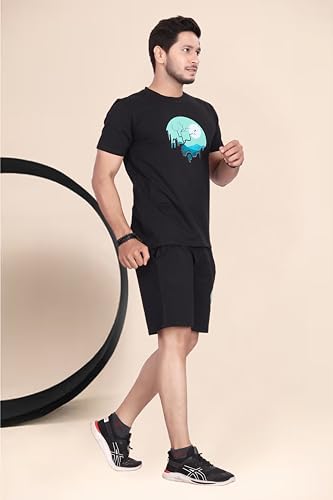 Image of HOODMASTER Men's Cotton Night Suit Set of Top & Knee Length Shorts with Round Neck Half Sleeves Solid Pattern Regular Fit and Standard Length | Mens Cotton Night Suit | T-Shirt and Shorts Sets