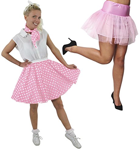 LADIES POLKA DOT SKIRT FANCY DRESS COSTUME - SHORT BABY PINK POLKA DOT SKIRT WITH MATCHING SCARF AND LIGHT PINK UNDERSKIRT (BABY PINK WITH WHITE SPOTS & LIGHT PINK UNDERSKIRT - UK 14-18)