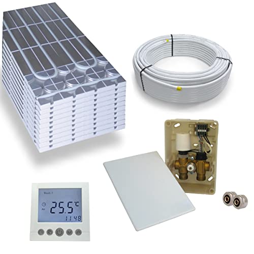Warmwasser Trockenestrich Fußbodenheizung HoWaTech DRY Komplett Set 5/10m² Dämmplatte 30mm EPS WLG 035 DEO und E-Regelbox Digital Thermostat, Heizfläche:5.00m²