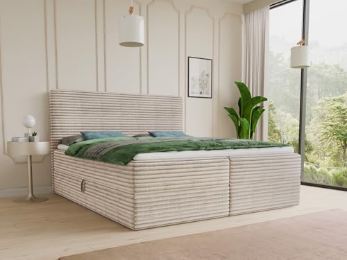 Boxspringbett Mollo mit 2 Bettkästen, Doppelbett mit Bonell-Matratze und Topper, Polsterbett in weichem Cordstoff, Bett, Bettgestell für Schlafzimmer (Beige (Tilia 03), 180 x 200 cm) – Bild 3