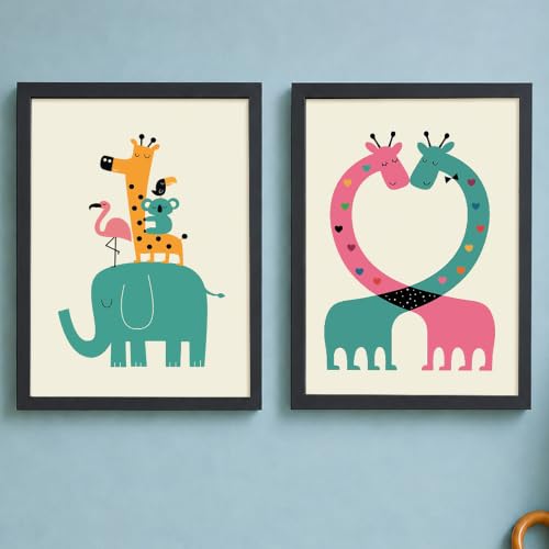 Image of PAINTINGMANTRA Elephant & Giraffe Cartoon Wall Art Painting for Kids Room, Animal, Flamingo Framed Painting for Living Room, Children Room, kids room decoration items, Set of 2, 9x13 Inch