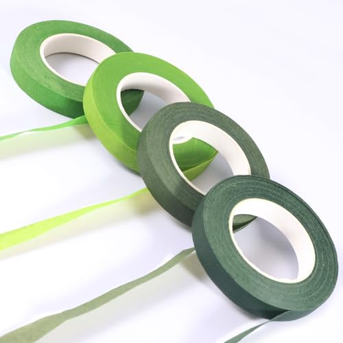 FELEDITY Lot de 4 rouleaux de ruban de fleuriste vert - Ruban crêpe de fleuriste et ruban floral pour bouquets, tiges, projets de bricolage - 1,2 cm x 28 m par rouleau