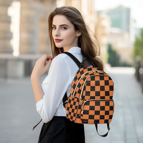 Image of ALAZA Black Orange Checkered Plaid Halloween Women Backpack Purse Ladies Fashion Shoulder Bag Daypack Travel Bag 7.5L