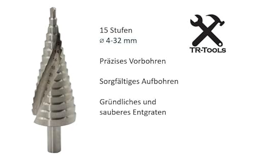 TR-TOOLS HSS Stufenbohrer, 15 Stufen, 4-32mm Durchmesser, für Holz, Kunststoff und Metall, Kegelbohrer mit Präzisionsstufen