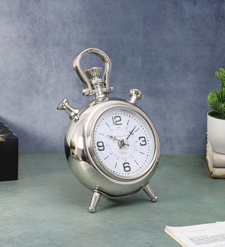 Image of Decor de Maison Brings Handcrafted The Belvedere Table Clock for KidsRoom, Living Room, Bedroom, Office |Classic Non-Ticking Tabletop Battery Operated Analog Desk Clock in Silver (14x8x23cm)