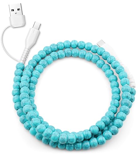 Image of Stylish Beaded Phone Charger Cable Colors USB Charging Cord for Smartphones (2-1 to USB C, Turquoise, 3.3ft)