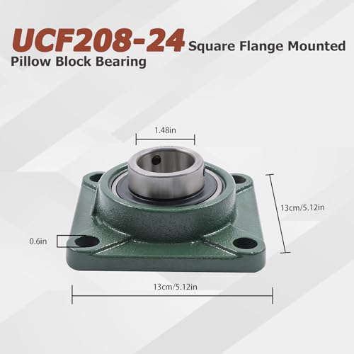 Image of 2Pcs UCF208-24 Pillow Block Bearings 1-1 /2 Inch Bore Square Flange Mounted Pillow Block Bearing 4 Bolt, Self Alignment