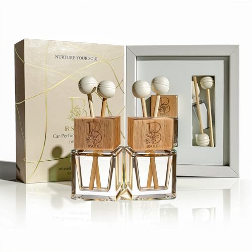 Image of BSOUL Vanilla Musk Car Air Vent Clip Perfume 8ml Pack Of 2 | Premium Wooden Car Diffuser with Essential Oils | Warm Vanilla & Musk Fragrance | Long-Lasting Luxury Car Air Freshener (White)