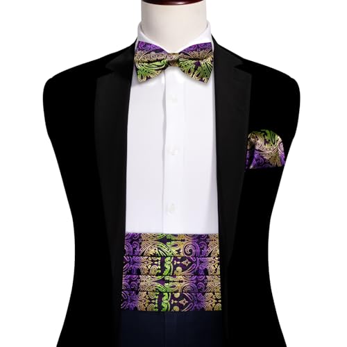 Image of YOHOWA Men Cummerbund Bow Tie Set Silk Paisley Formal Pre-Tied Bowtie Pocket Square Cufflinks Wedding Party Prom